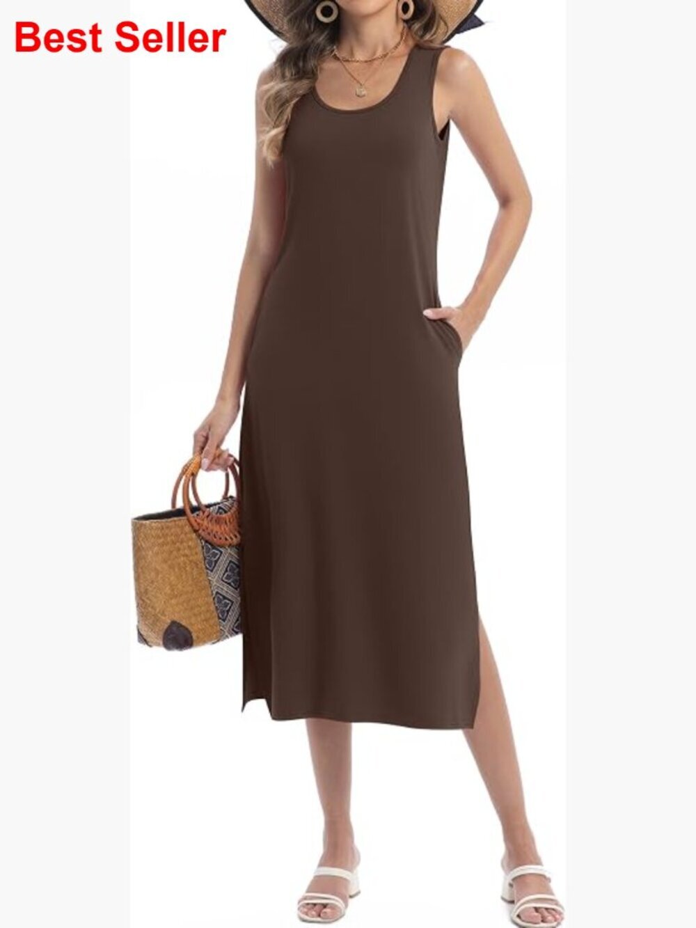 Casual Sleeveless Scoop Neck Tank Dress with Pockets Side Split